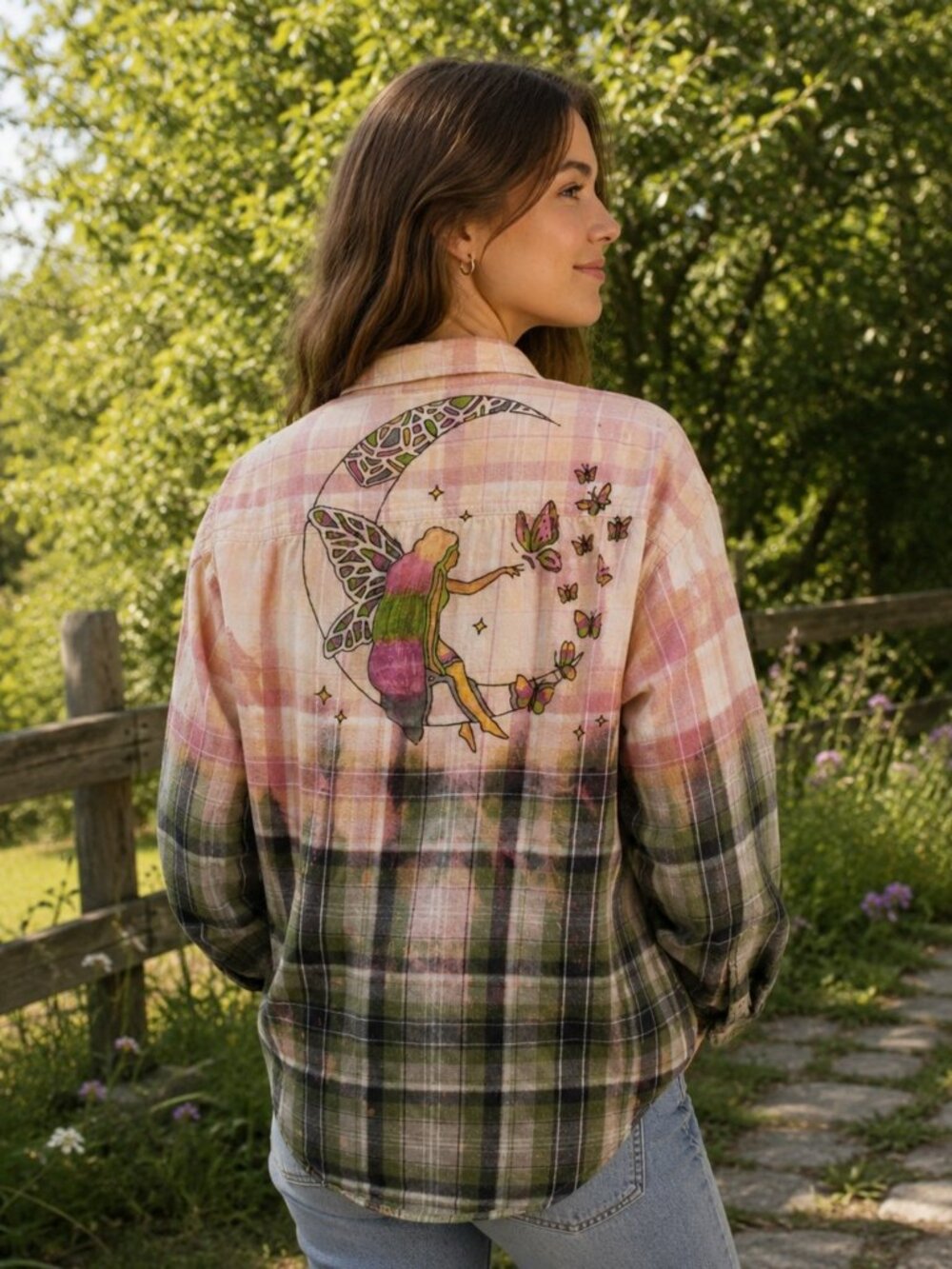 Upcycled Hand Painted Moon Fairy Flannel Shirt - Bleached Green Gray L